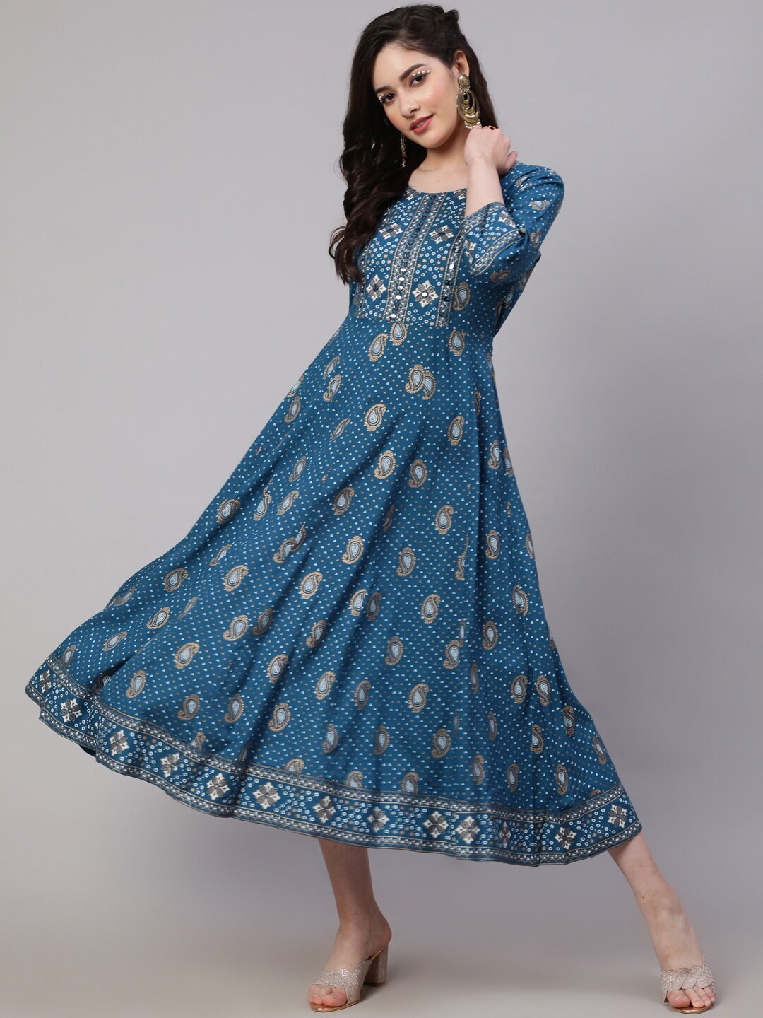 

KALINI Ethnic Motifs Printed Mirror Work Fit & Flare Ethnic Dress, Navy blue