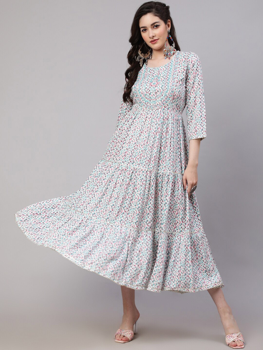 

KALINI Geometric Printed Mirror Work Tiered Fit & Flare Ethnic Dress, Blue