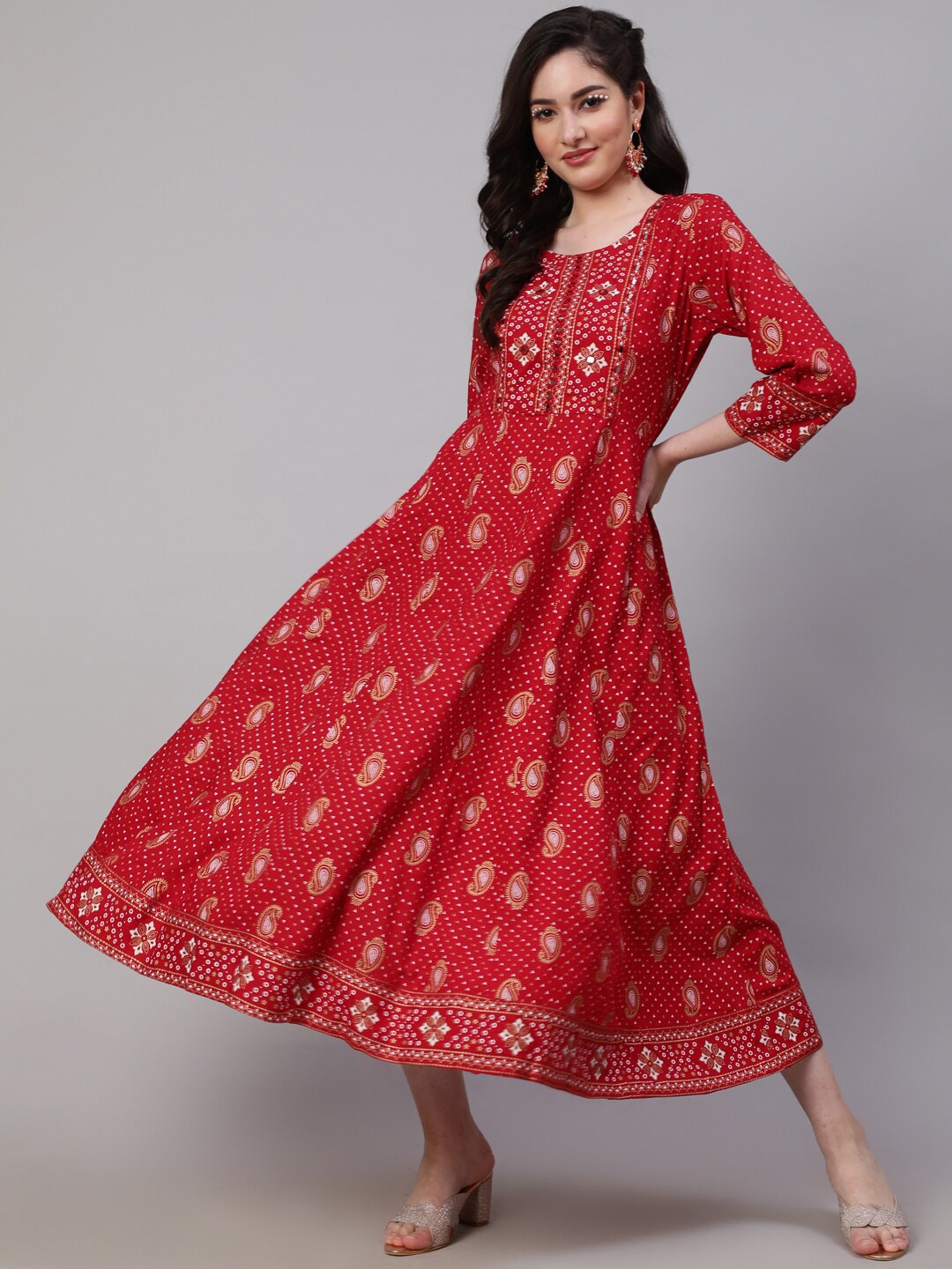 

KALINI Ethnic Motifs Printed A Line Ethnic Dress, Red