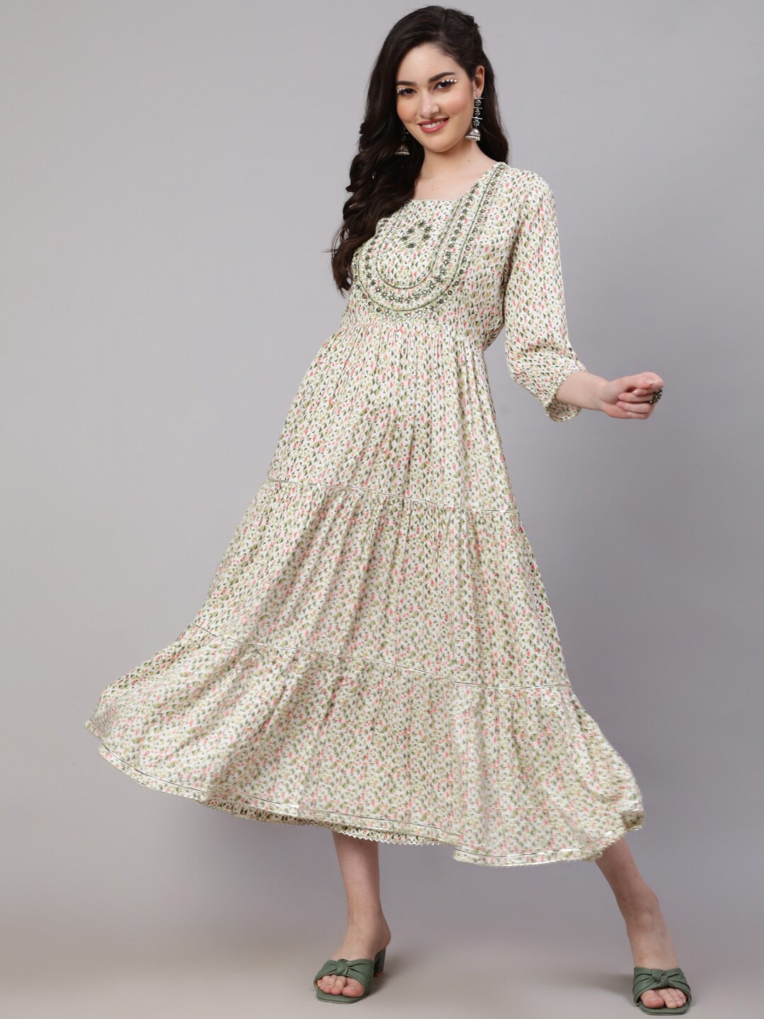 

KALINI Geometric Printed Mirror Work Tiered Fit & Flare Ethnic Dress, Green