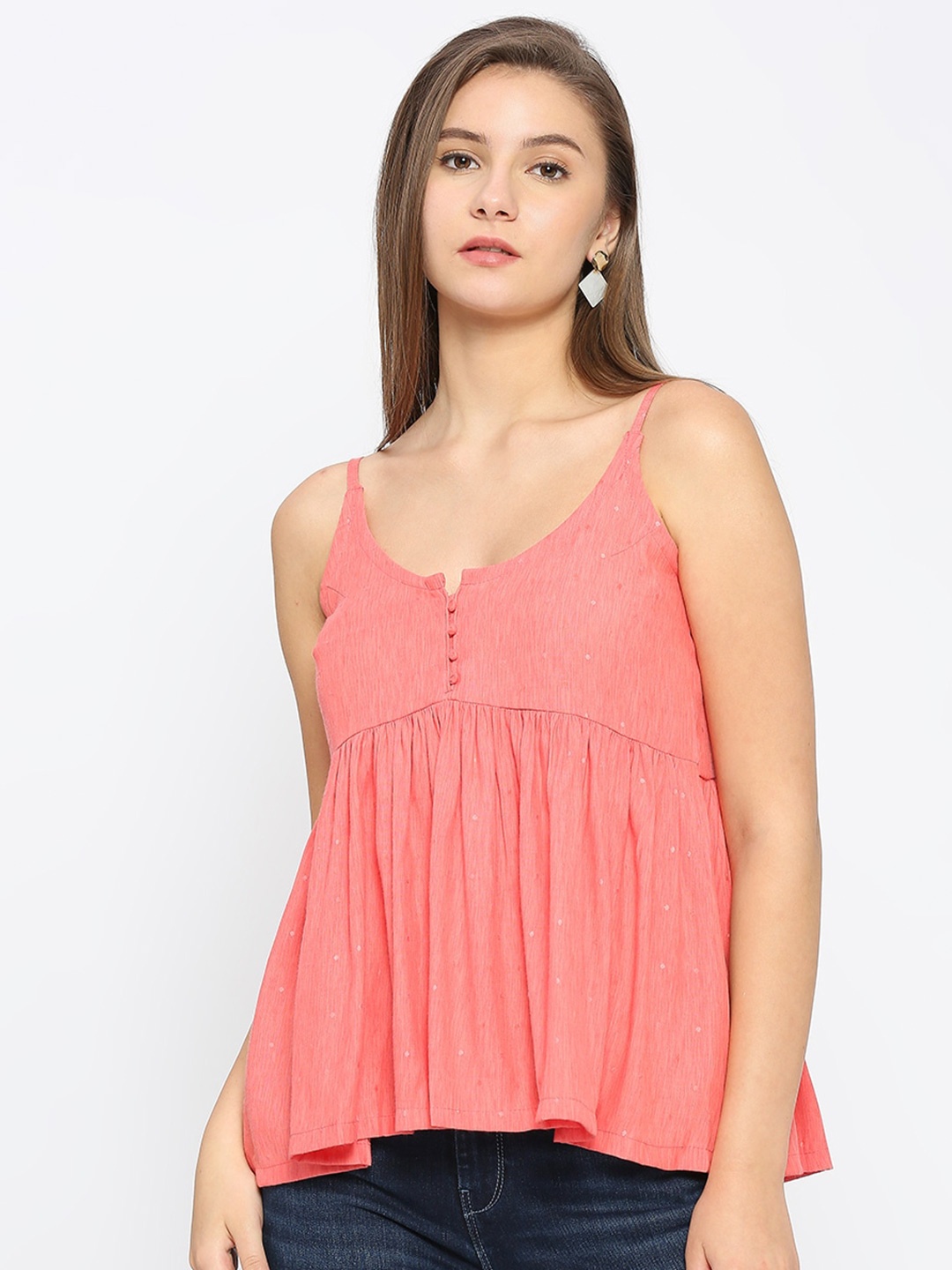 

Anuthi Self Design Sleeveless Gathered Cotton Peplum Top, Peach