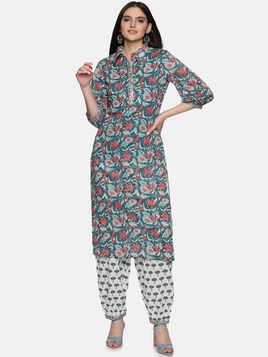 

Palakh Floral Printed Thread Work Pure Cotton Kurta With Salwar, Green