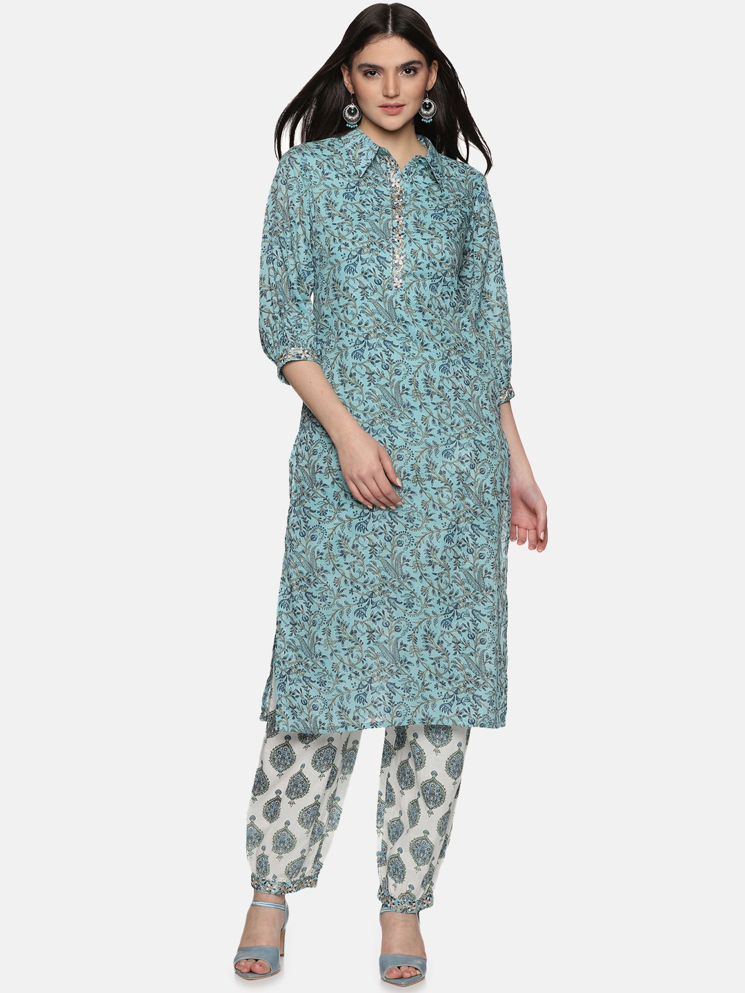 

Palakh Floral Printed Thread Work Pure Cotton Kurta With Salwar, Green