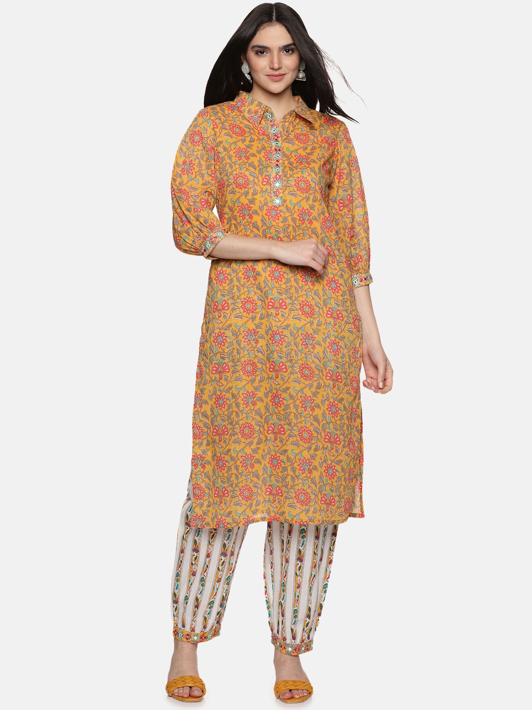 

Palakh Floral Printed Thread Work Pure Cotton Kurta With Salwar, Mustard