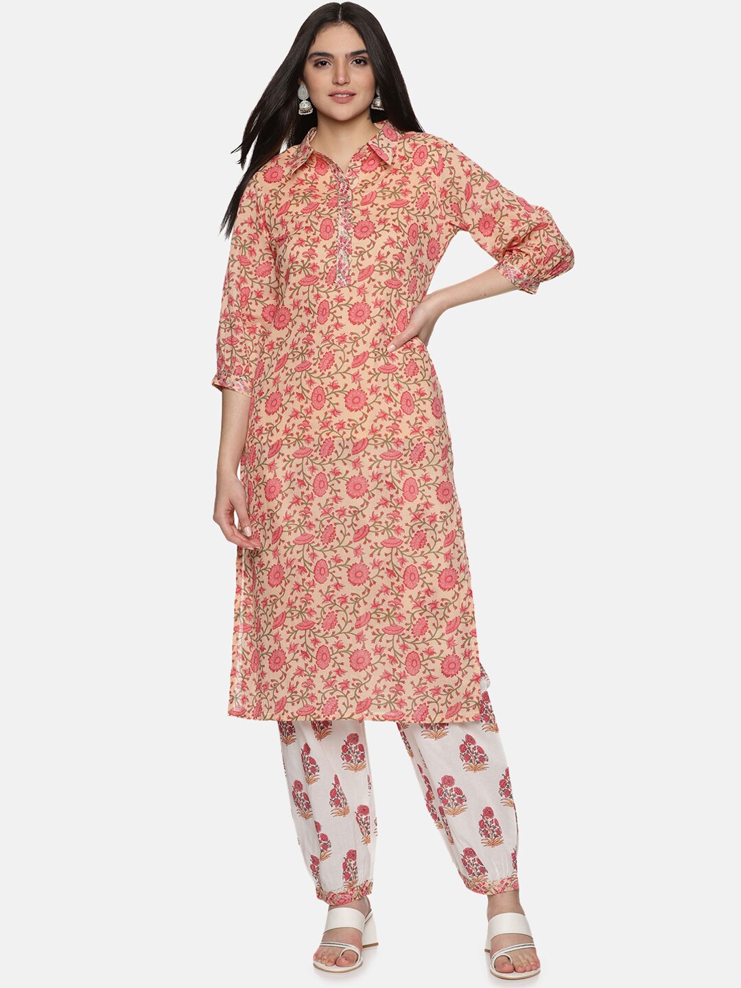 

Palakh Floral Printed Thread Work Pure Cotton Kurta With Salwar, Peach