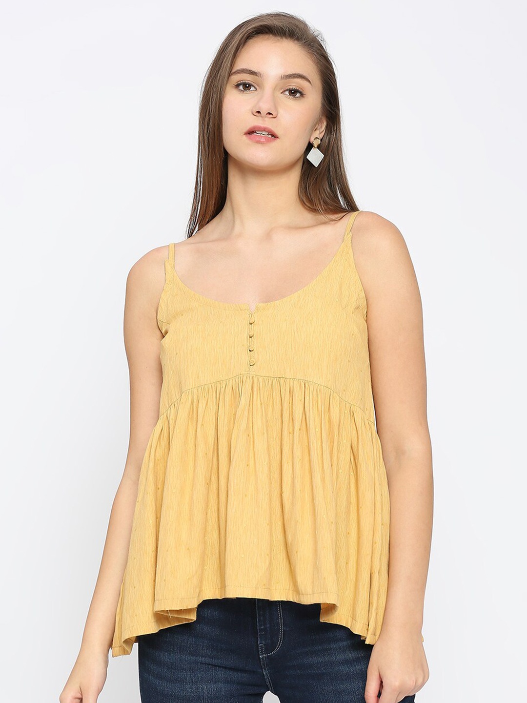 

Anuthi Self Design Sleeveless Gathered Cotton Peplum Top, Yellow