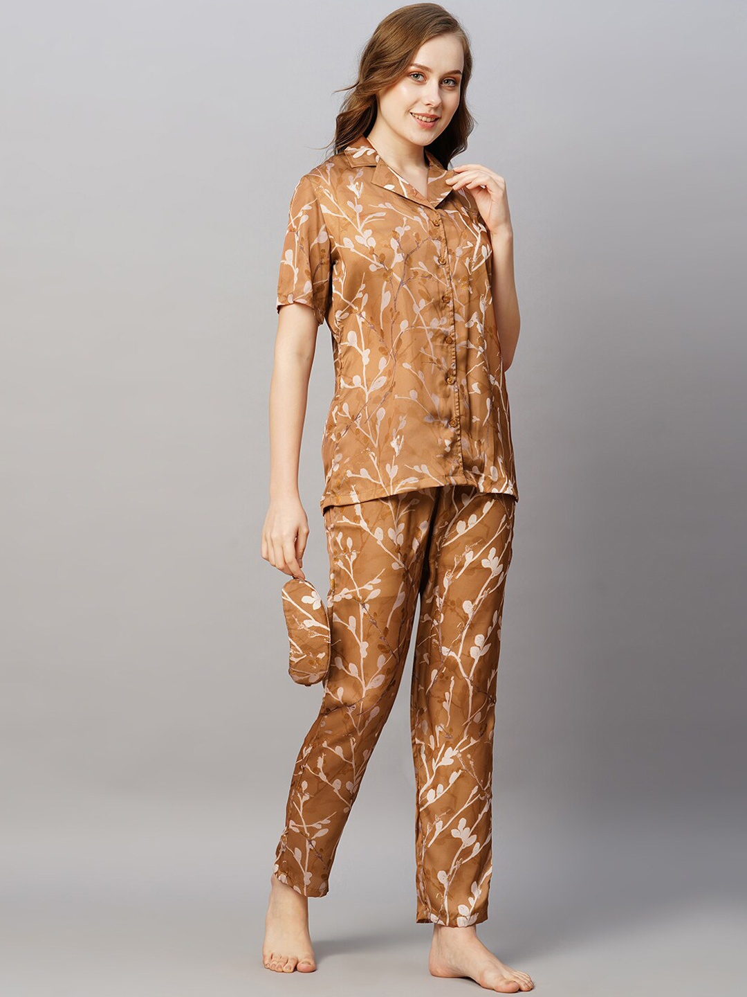 

DRAPE IN VOGUE Floral Printed Satin Night suit, Brown