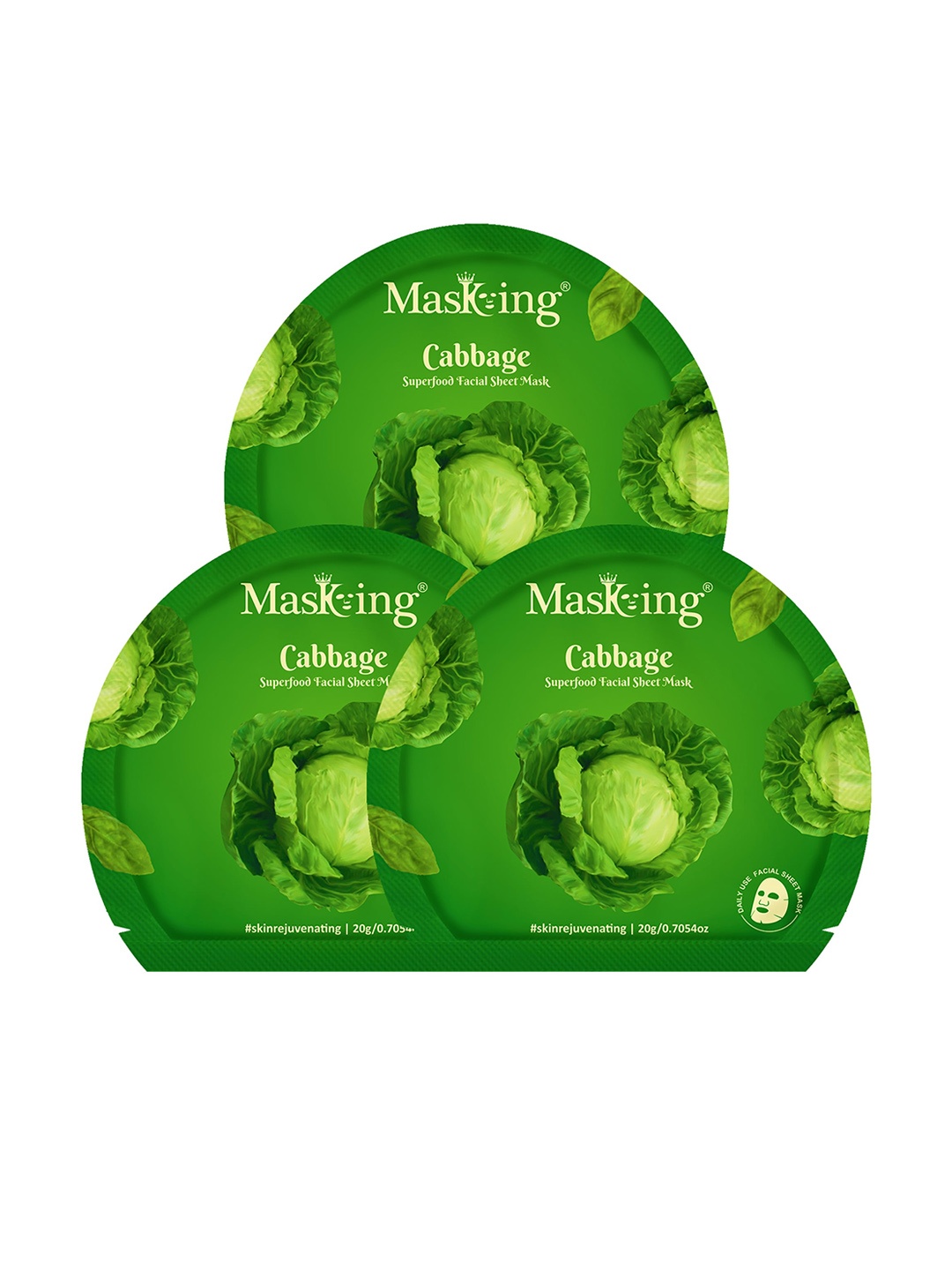 

Masking Pack of 3 Cabbage Facial Sheet Masks, Green