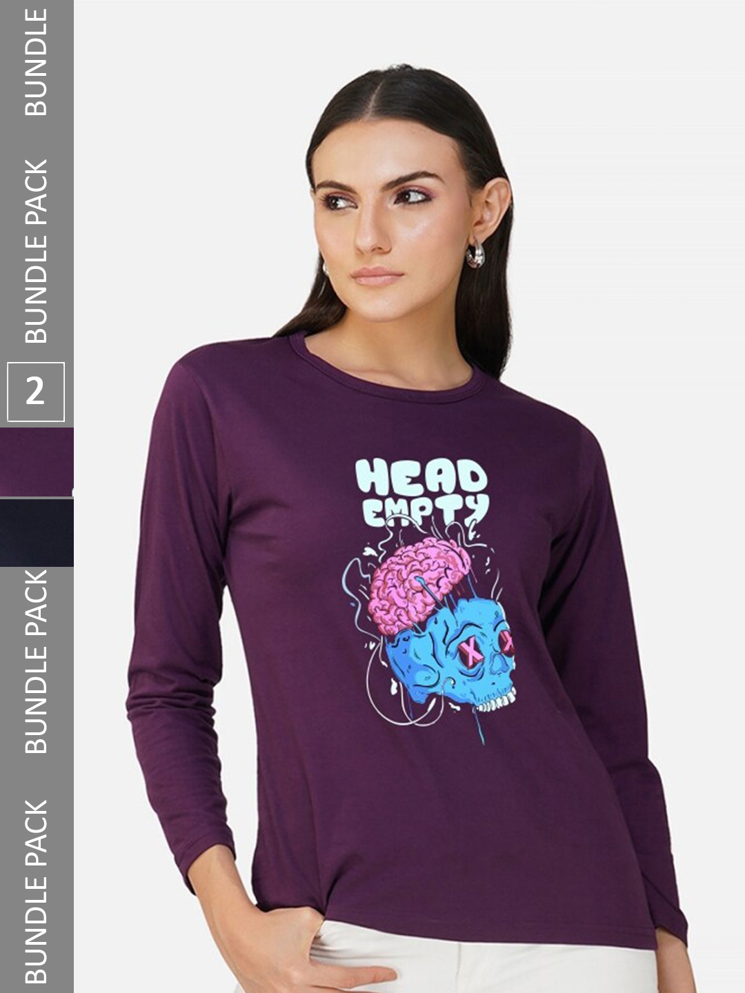 

CHOZI Pack Of 2 Typographic Printed Long Sleeves Cotton T-shirt, Purple