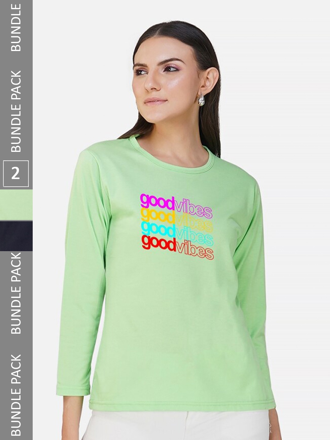 

CHOZI Pack Of 2 Typographic Printed Long Sleeves Cotton T-shirt, Lime green