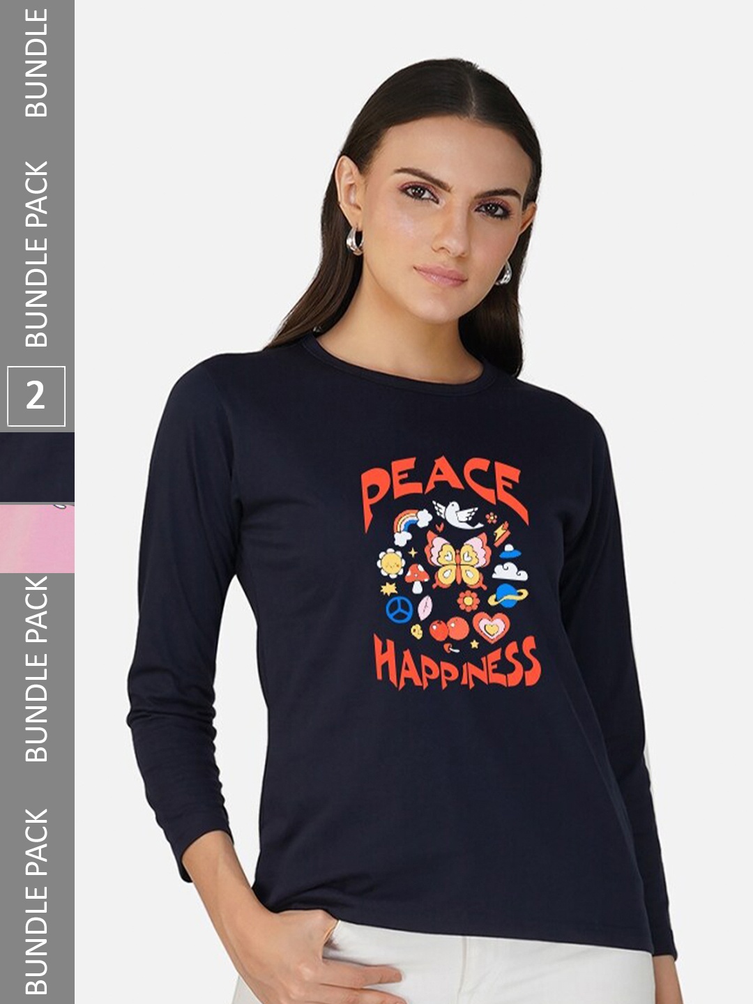 CHOZI Pack Of 2 Printed Round Neck Cotton T-shirt, Navy blue