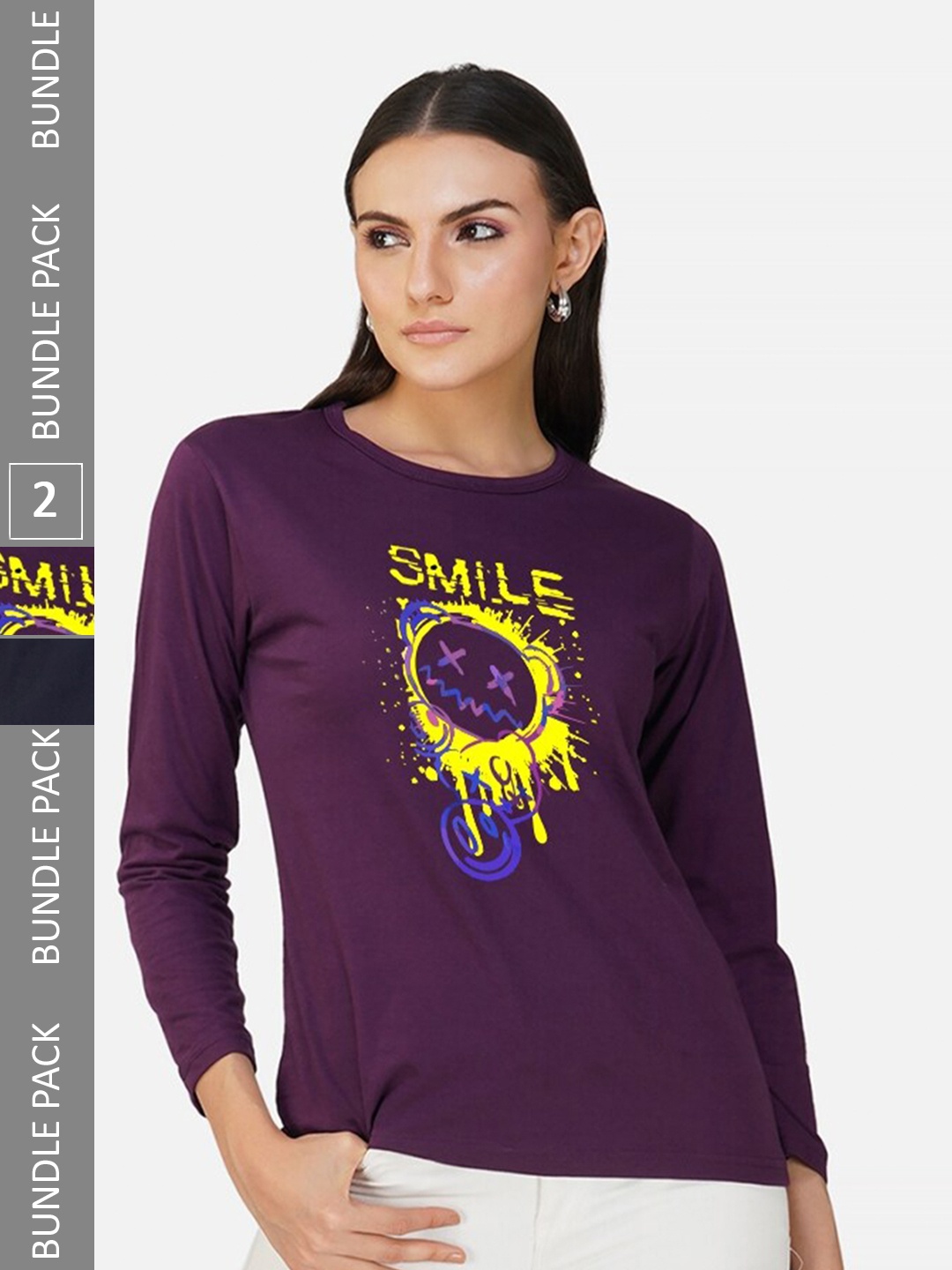

CHOZI Pack Of 2 Typographic Printed Long Sleeves Cotton T-shirt, Purple