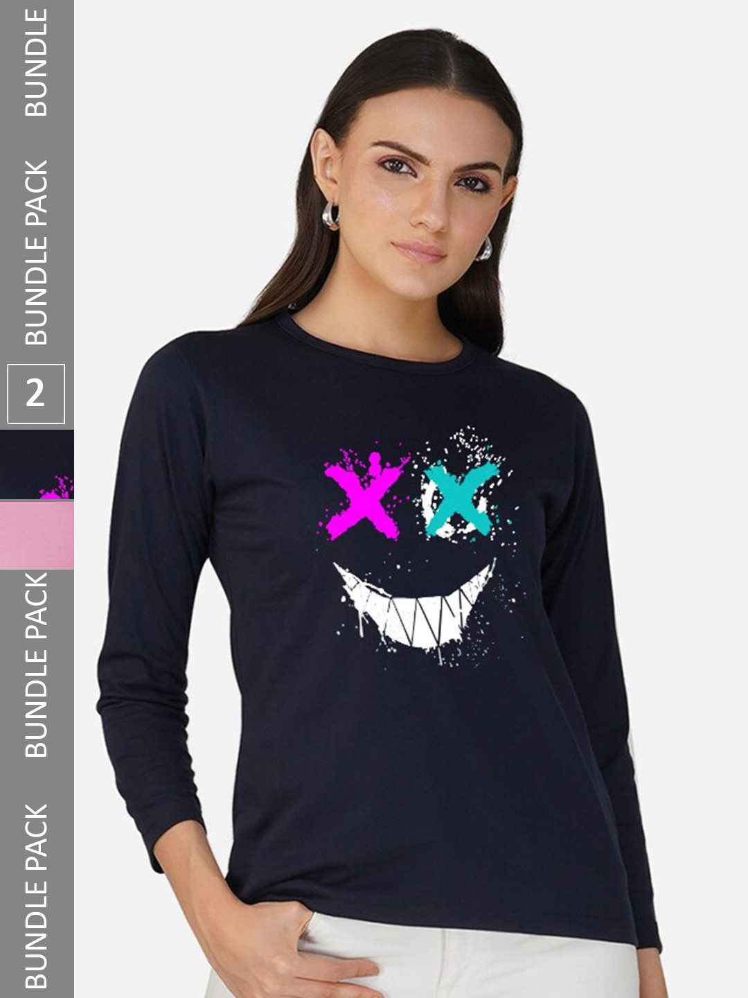 

CHOZI Pack Of 2 Typographic Printed Long Sleeves Cotton T-shirt, Navy blue