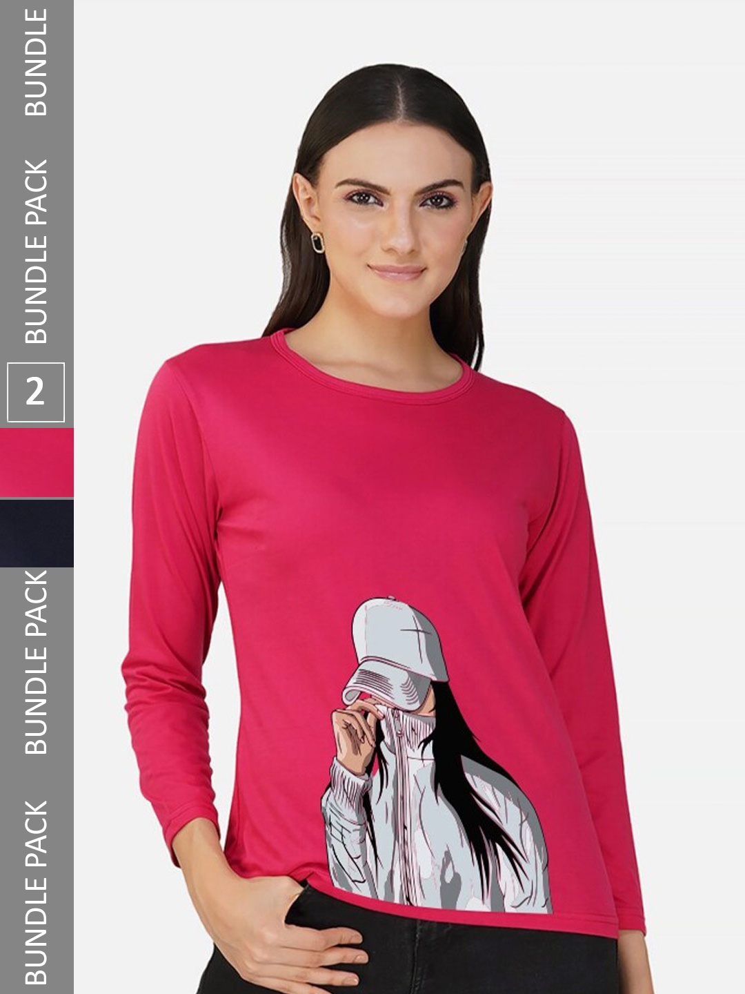 

CHOZI Pack Of 2 Graphic Printed Round Neck Cotton T-shirt, Pink