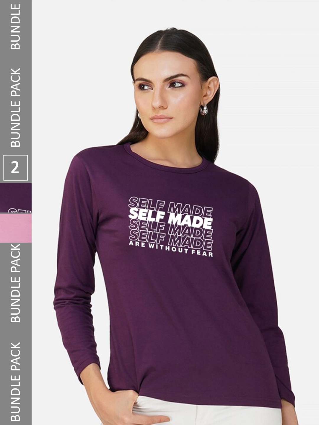 

CHOZI Pack Of 2 Typography Printed Cotton T-shirt, Purple