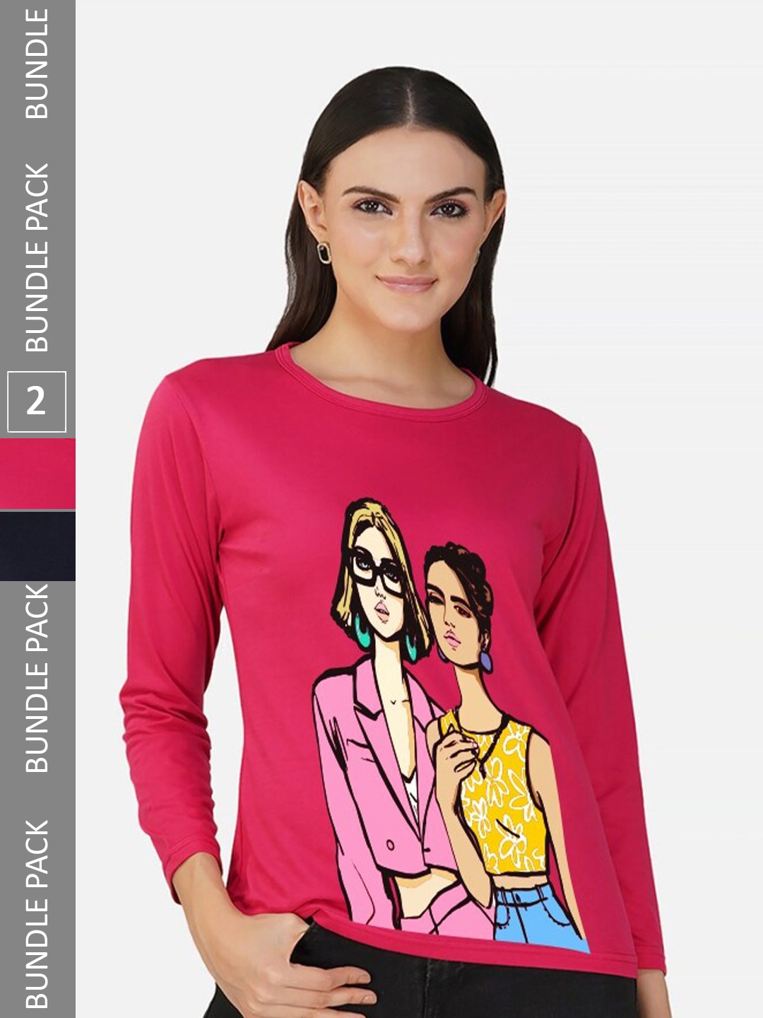 

CHOZI Pack Of 2 Graphic Printed Round Neck Cotton T-shirt, Pink