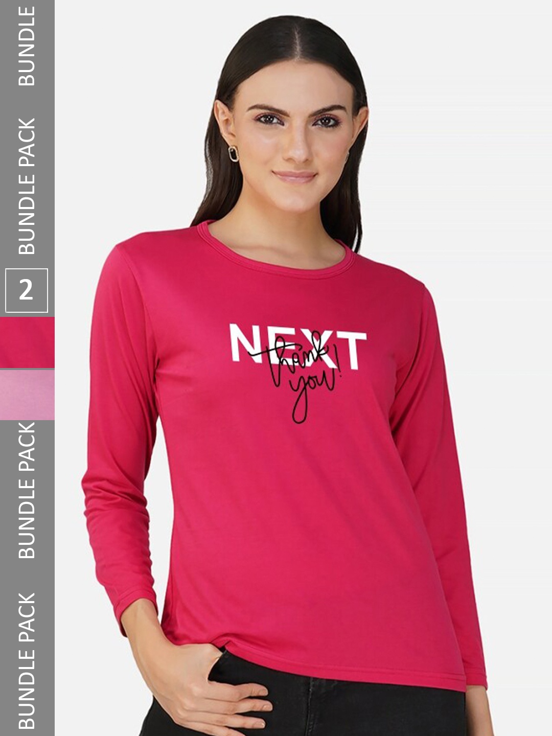 CHOZI Pack Of 2 Typographic Printed Long Sleeves Cotton T-shirt, Pink