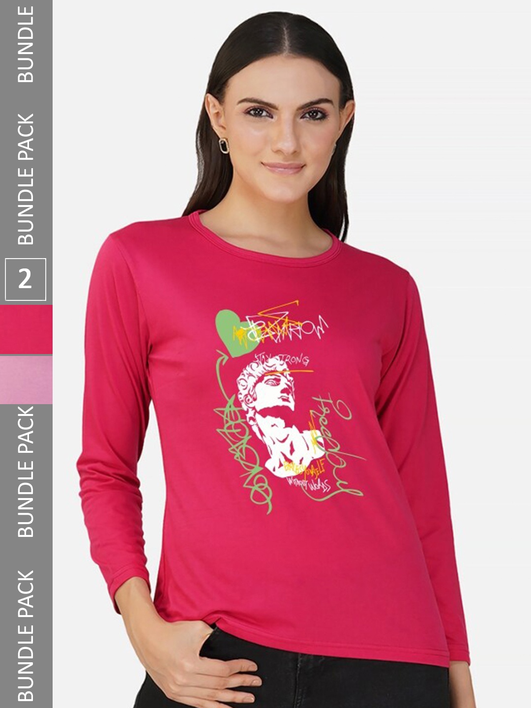 

CHOZI Pack Of 2 Printed Round Neck Cotton T-shirt, Pink