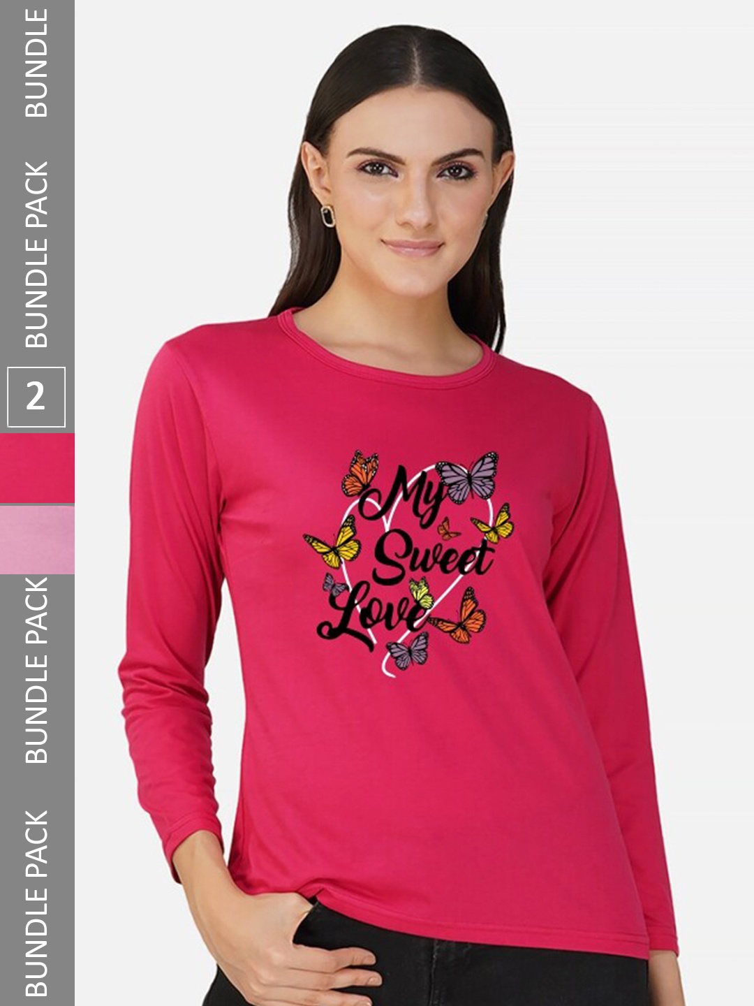 

CHOZI Pack Of 2 Typographic Printed Long Sleeves Cotton T-shirt, Pink