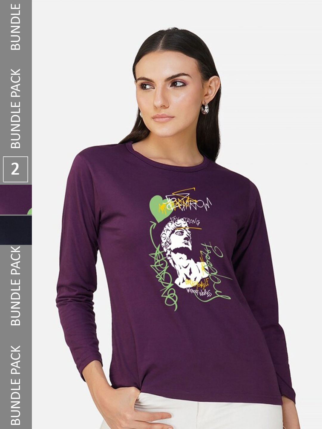 

CHOZI Pack Of 2 Graphic Printed Cotton T-shirt, Purple