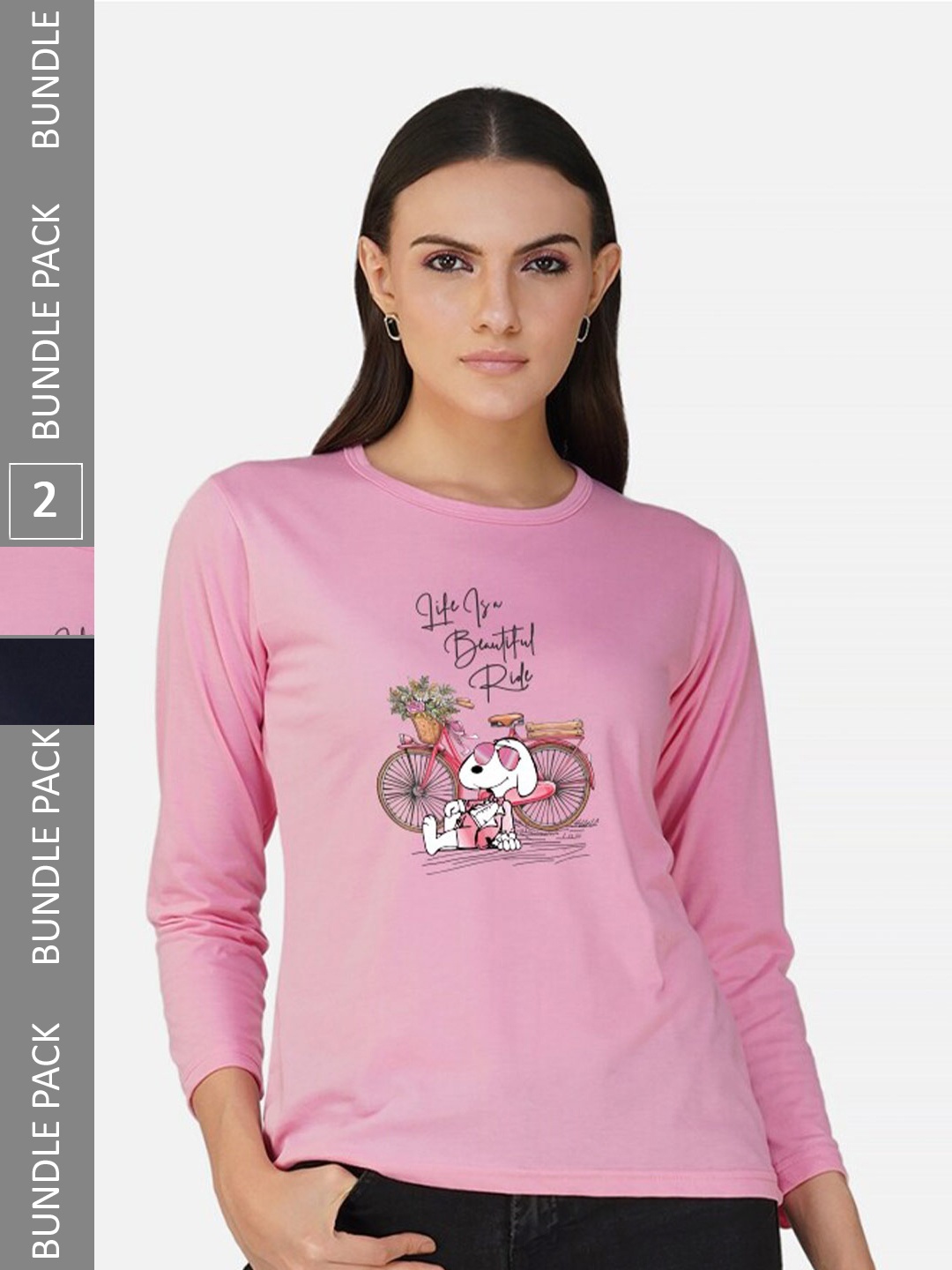 

CHOZI Pack Of 2 Graphic Printed Round Neck Cotton T-shirt, Pink