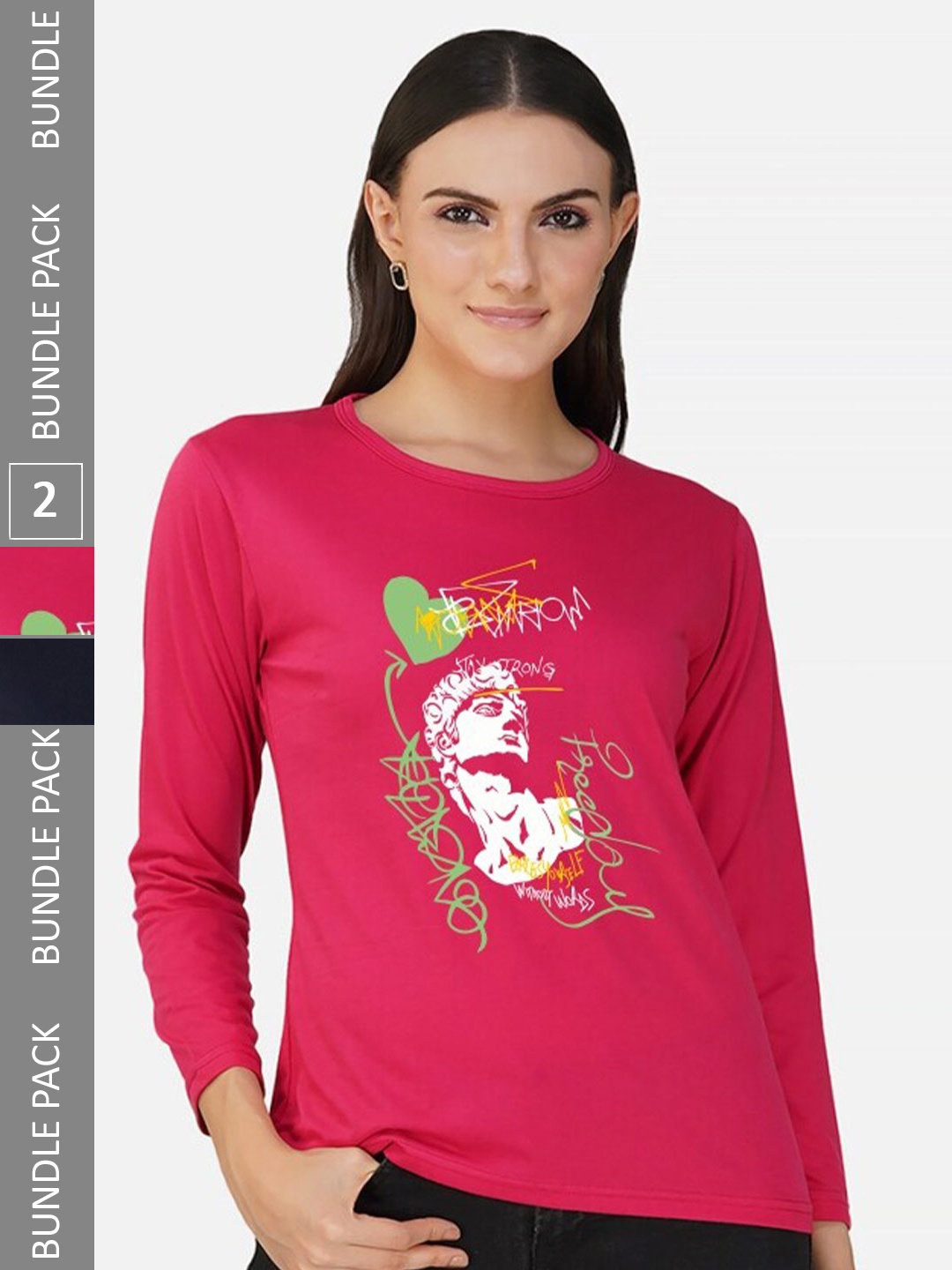 

CHOZI Pack Of 2 Graphic Printed Round Neck Cotton T-shirt, Pink