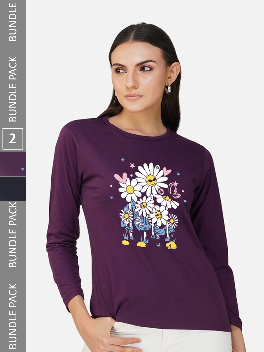 

CHOZI Pack Of 2 Graphic Printed Cotton T-shirt, Purple