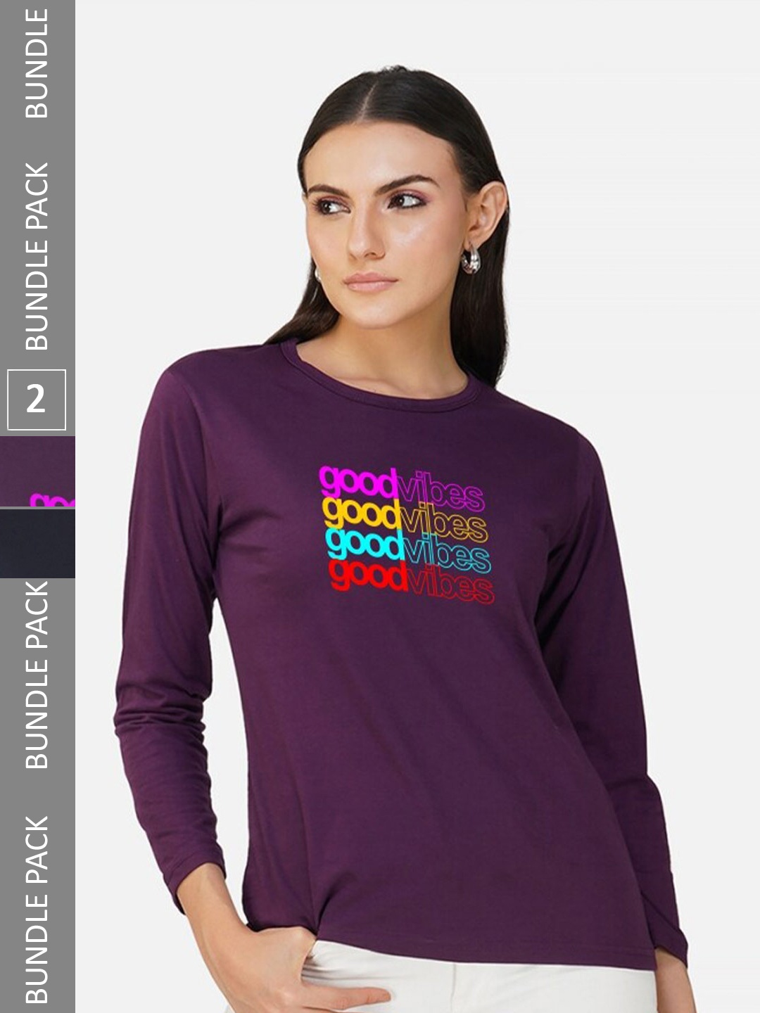 

CHOZI Pack Of 2 Typographic Printed Long Sleeves Cotton T-shirt, Purple
