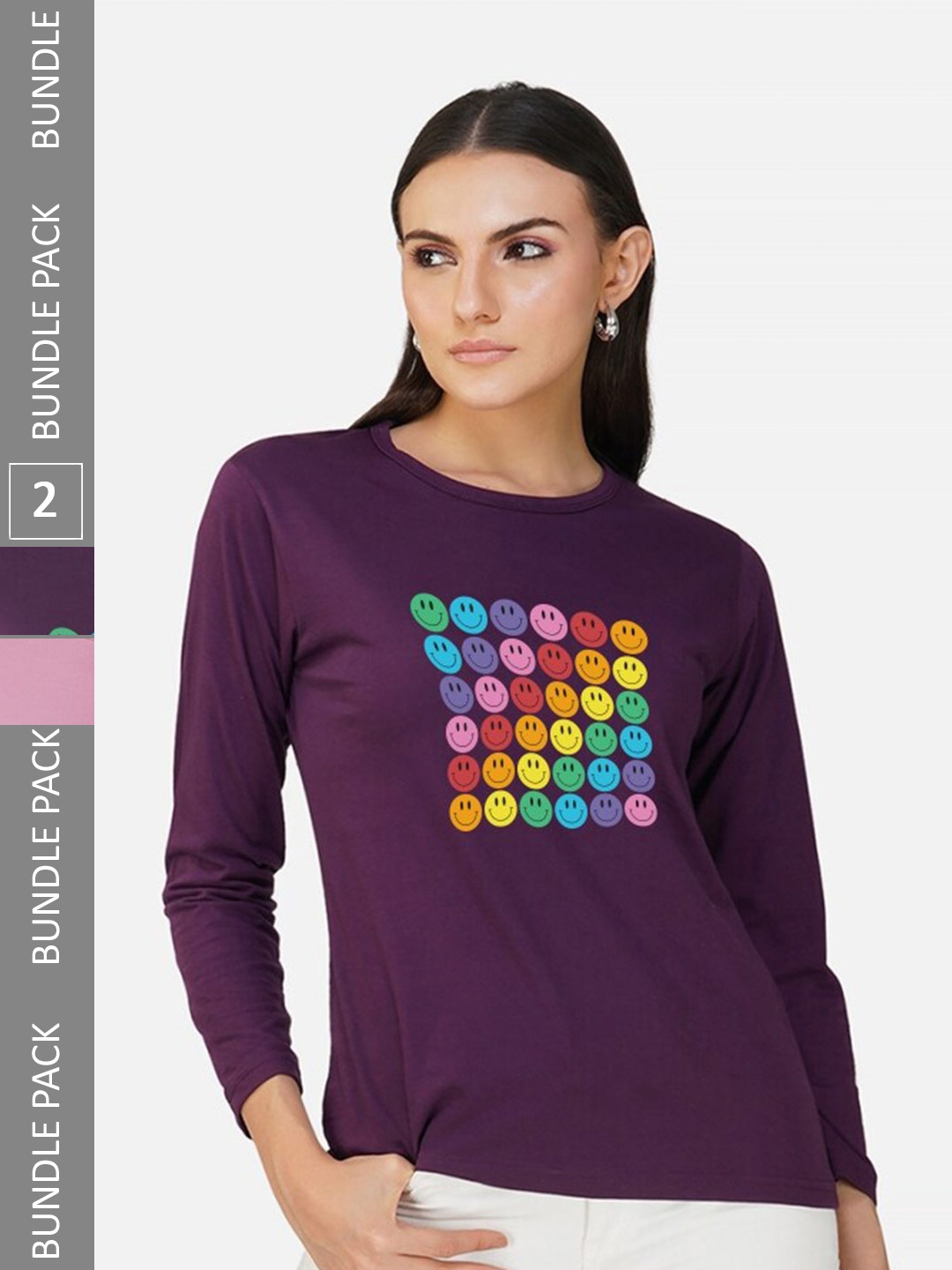 CHOZI Pack Of 2 Printed Round Neck Cotton T-shirt, Purple