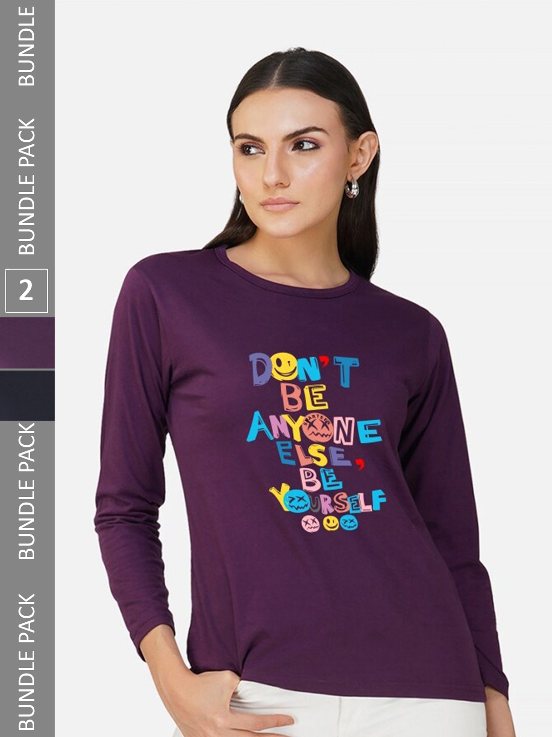 CHOZI Pack Of 2 Printed Round Neck Cotton T-shirt, Purple