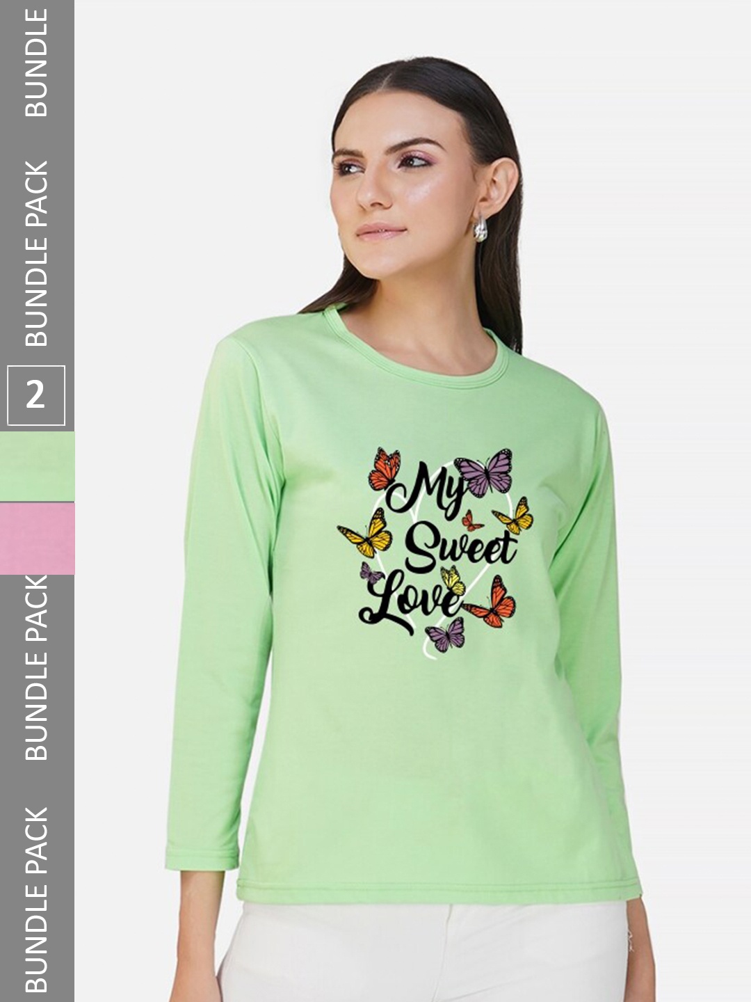 CHOZI Pack Of 2 Typographic Printed Long Sleeves Cotton T-shirt, Lime green