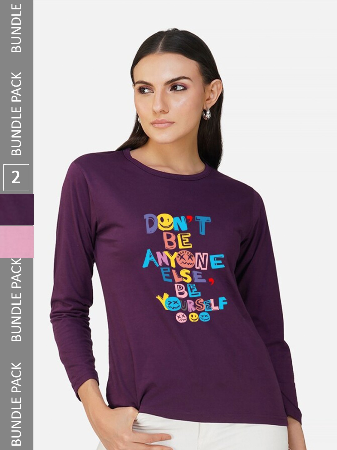 CHOZI Pack Of 2 Printed Round Neck Cotton T-shirt, Purple