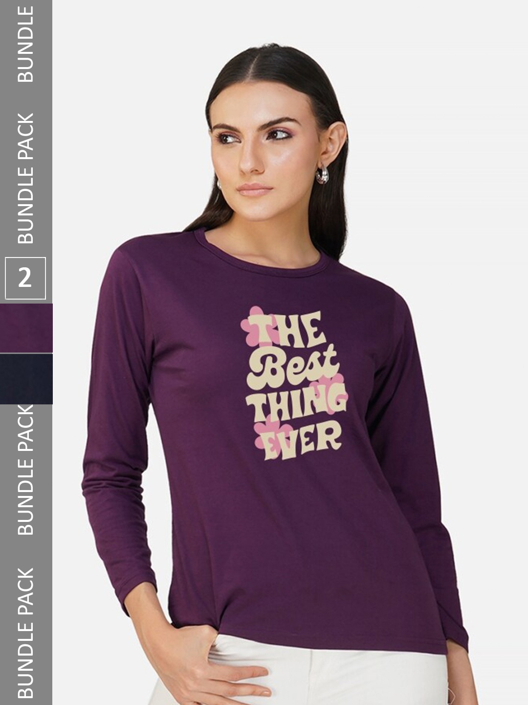 

CHOZI Pack Of 2 Printed Round Neck Cotton T-shirt, Purple