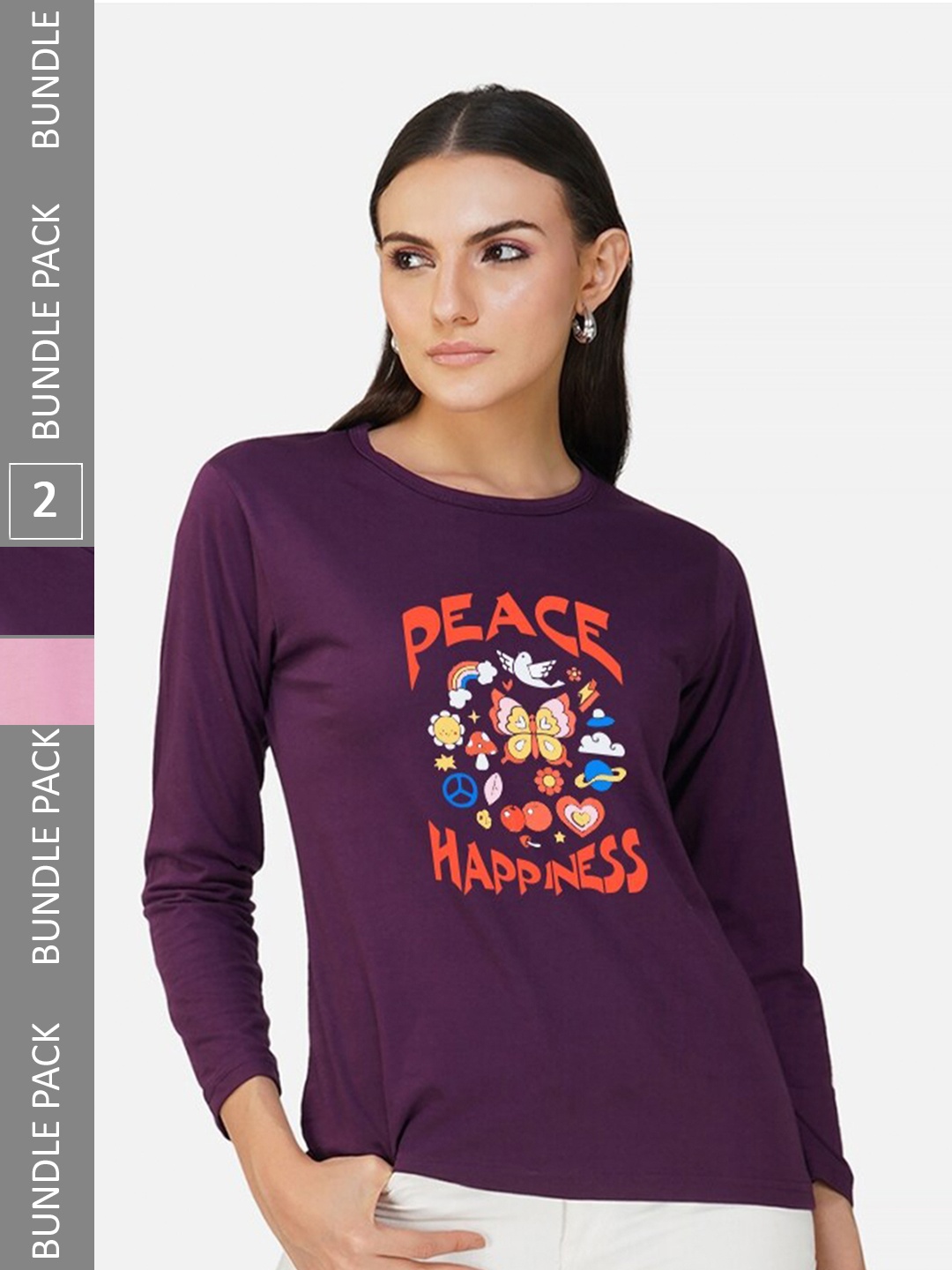 

CHOZI Pack Of 2 Typographic Printed Long Sleeves Cotton T-shirt, Purple