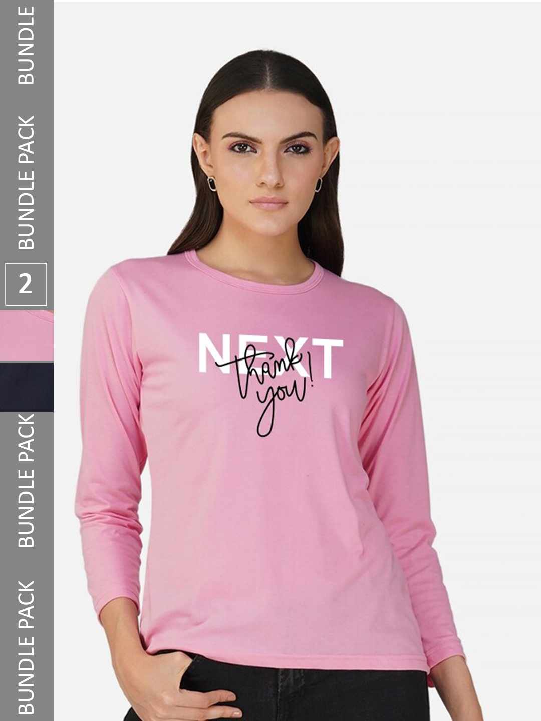 

CHOZI Pack Of 2 Typographic Printed Long Sleeves Cotton T-shirt, Pink