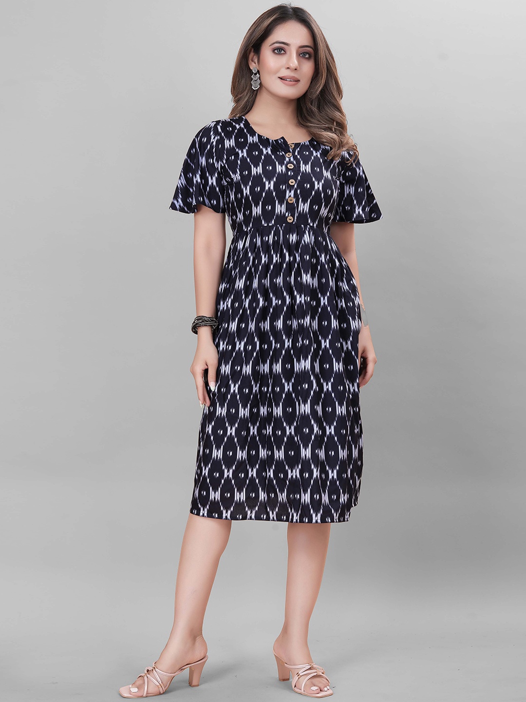

PRASTHAN Abstract Printed Square Neck Flared Sleeves A-Line Midi Dress, Navy blue