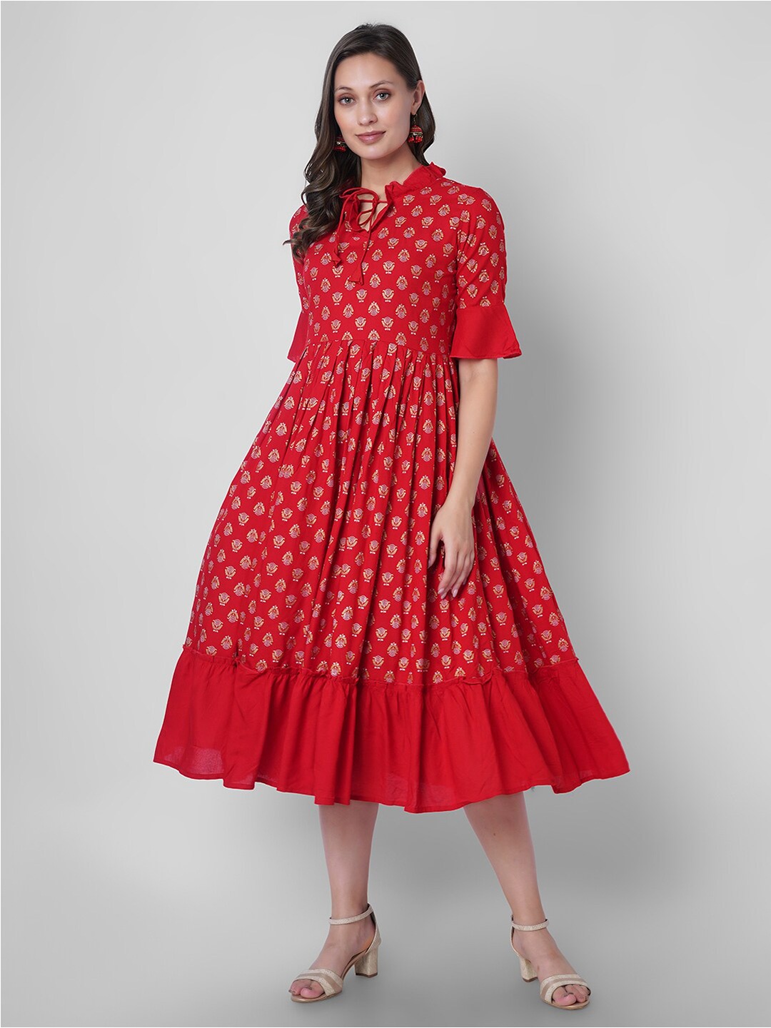 

VASANT APPAREL Ethnic Motifs Printed Tie Up Bell Sleeve Gathered Fit & Flare Midi Dress, Red