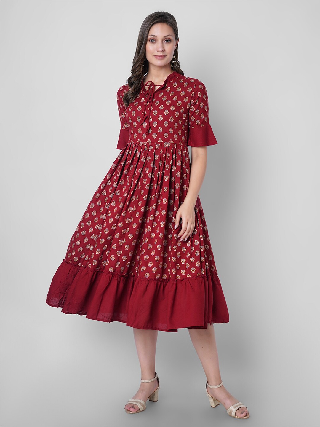 

VASANT APPAREL Ethnic Motifs Printed Tie Up Bell Sleeve Gathered Fit & Flare Midi Dress, Maroon