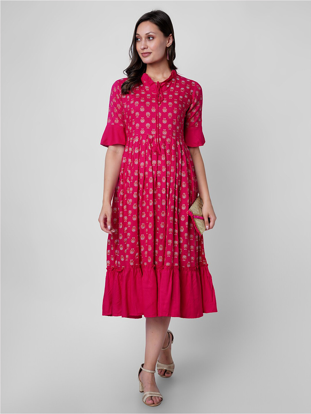 

VASANT APPAREL Floral Printed Tie-Up Neck Fit & Flare Midi Dress, Pink