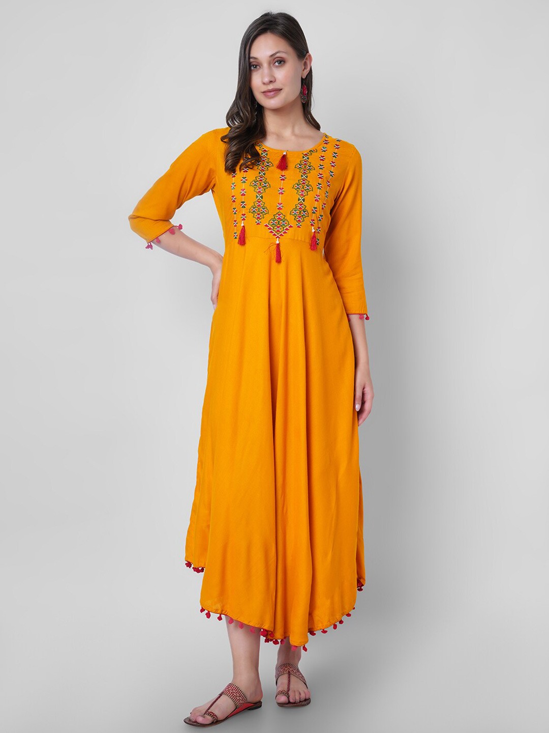 

VASANT APPAREL Ethnic Motifs Embroidered Pom Pom & Taselled Fit & Flare Ethnic Dress, Yellow