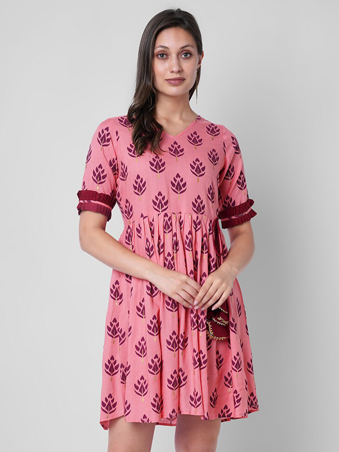 

VASANT APPAREL Ethnic Motifs Printed Ruffled Tie Up & Gathered Fit & Flare Dress, Pink