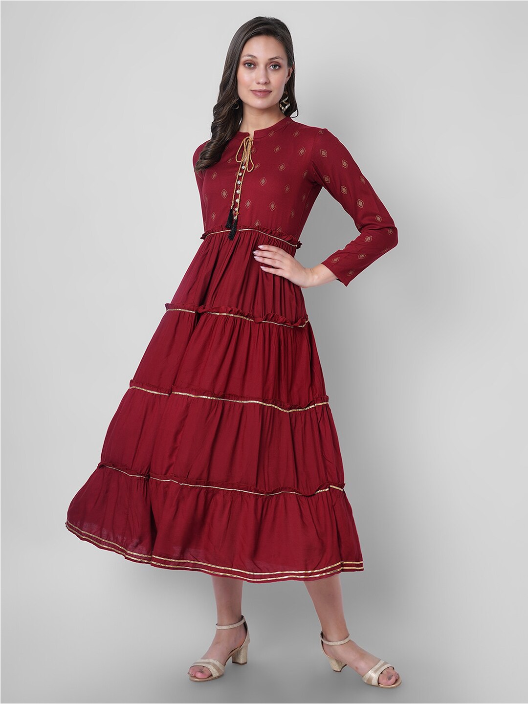 

VASANT APPAREL Ethnic Motifs Printed Tie Up Neck Fit & Flare Midi Dress, Burgundy