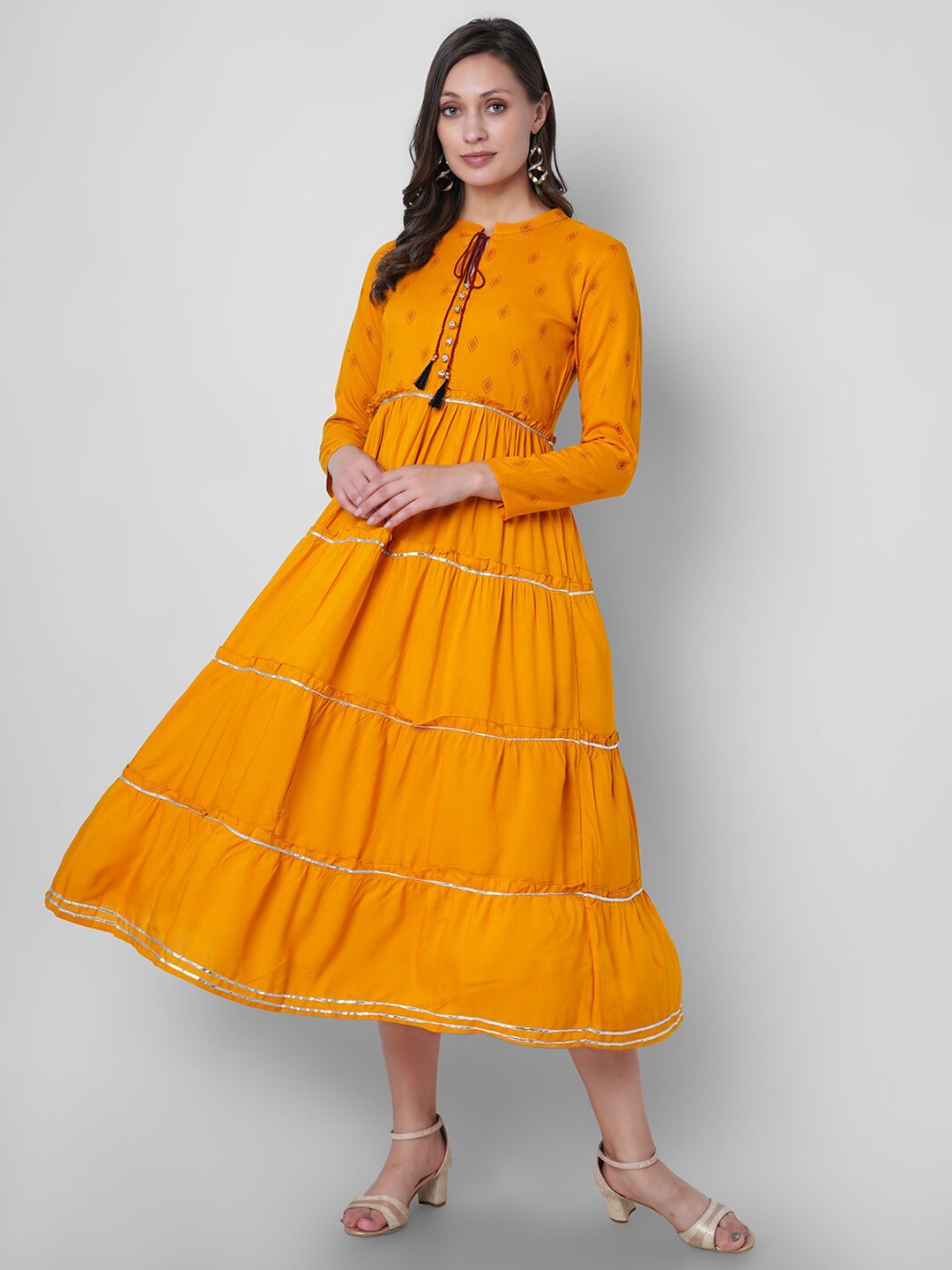 

VASANT APPAREL Ethnic Motifs Print Tie-Up Neck Fit & Flare Midi Dress, Yellow