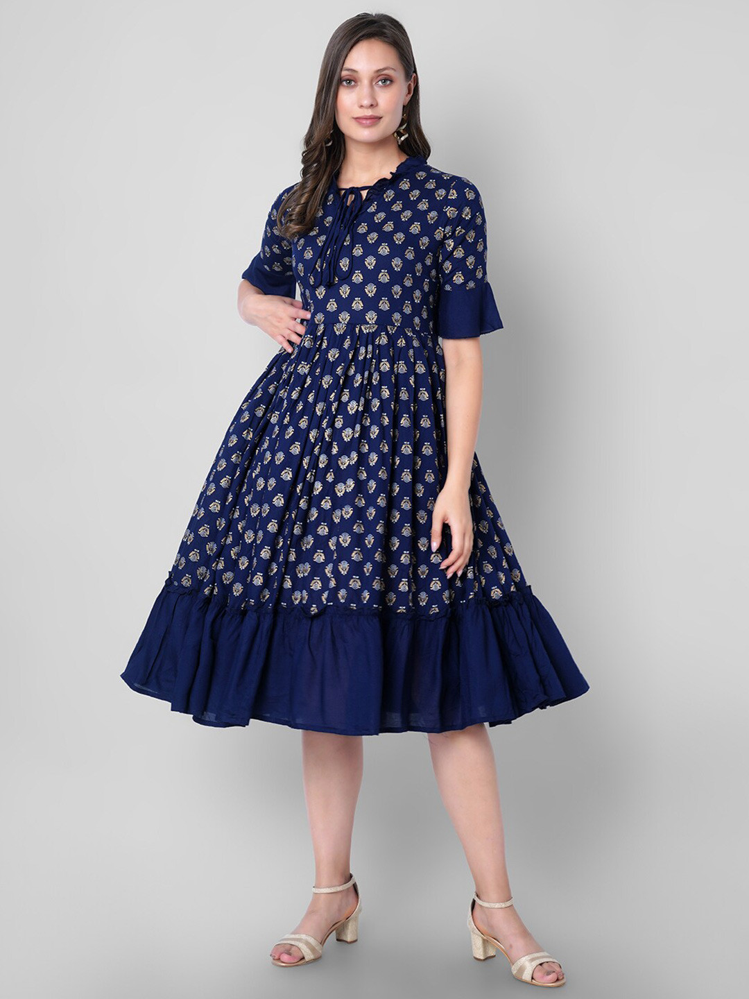 

VASANT APPAREL Ethnic Motifs Printed Fit & Flare Midi Dress, Navy blue