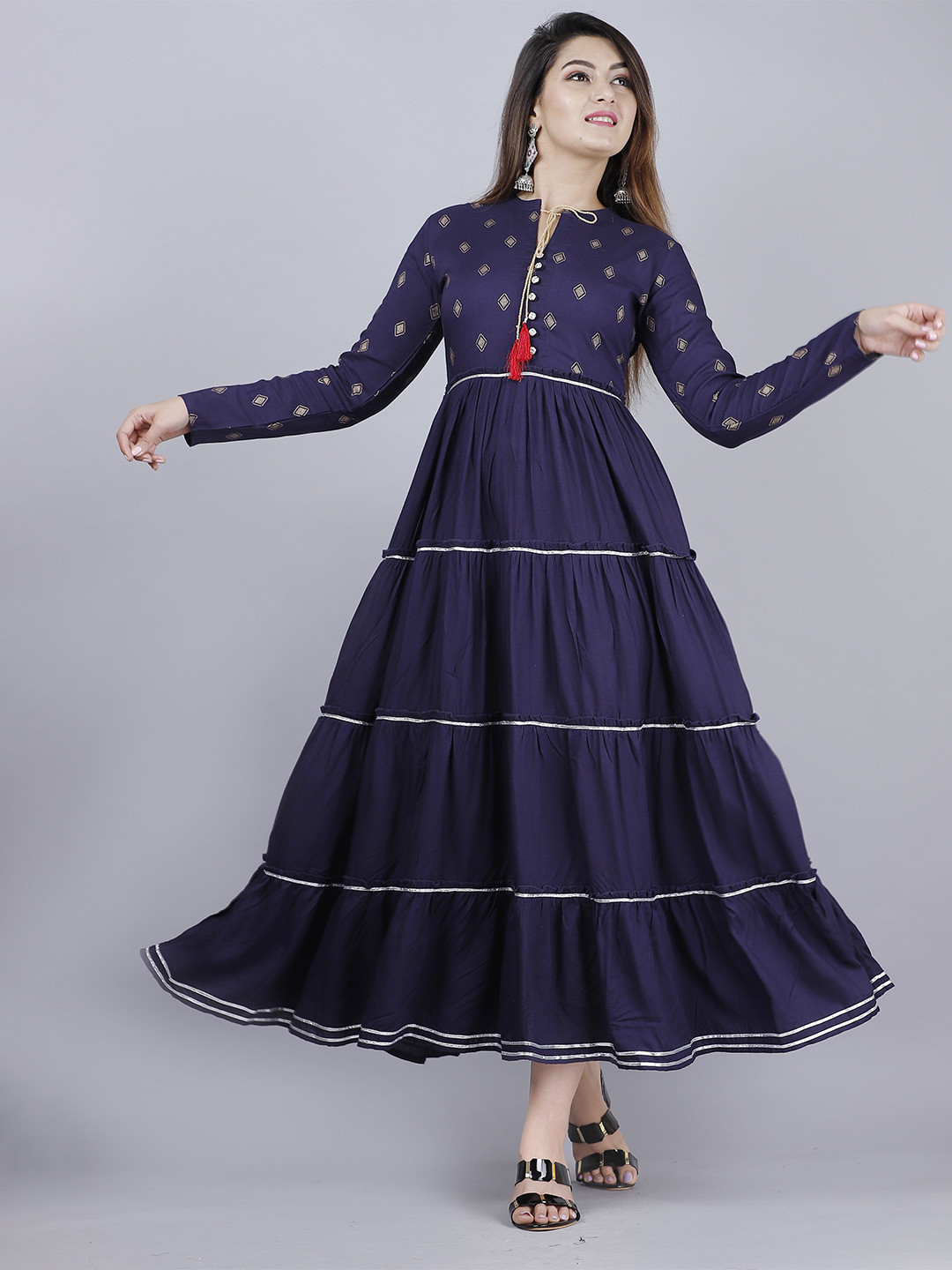 

VASANT APPAREL Geometric Printed Tie-Up Neck Long Sleeves Tiered Fit & Flare Dress, Blue