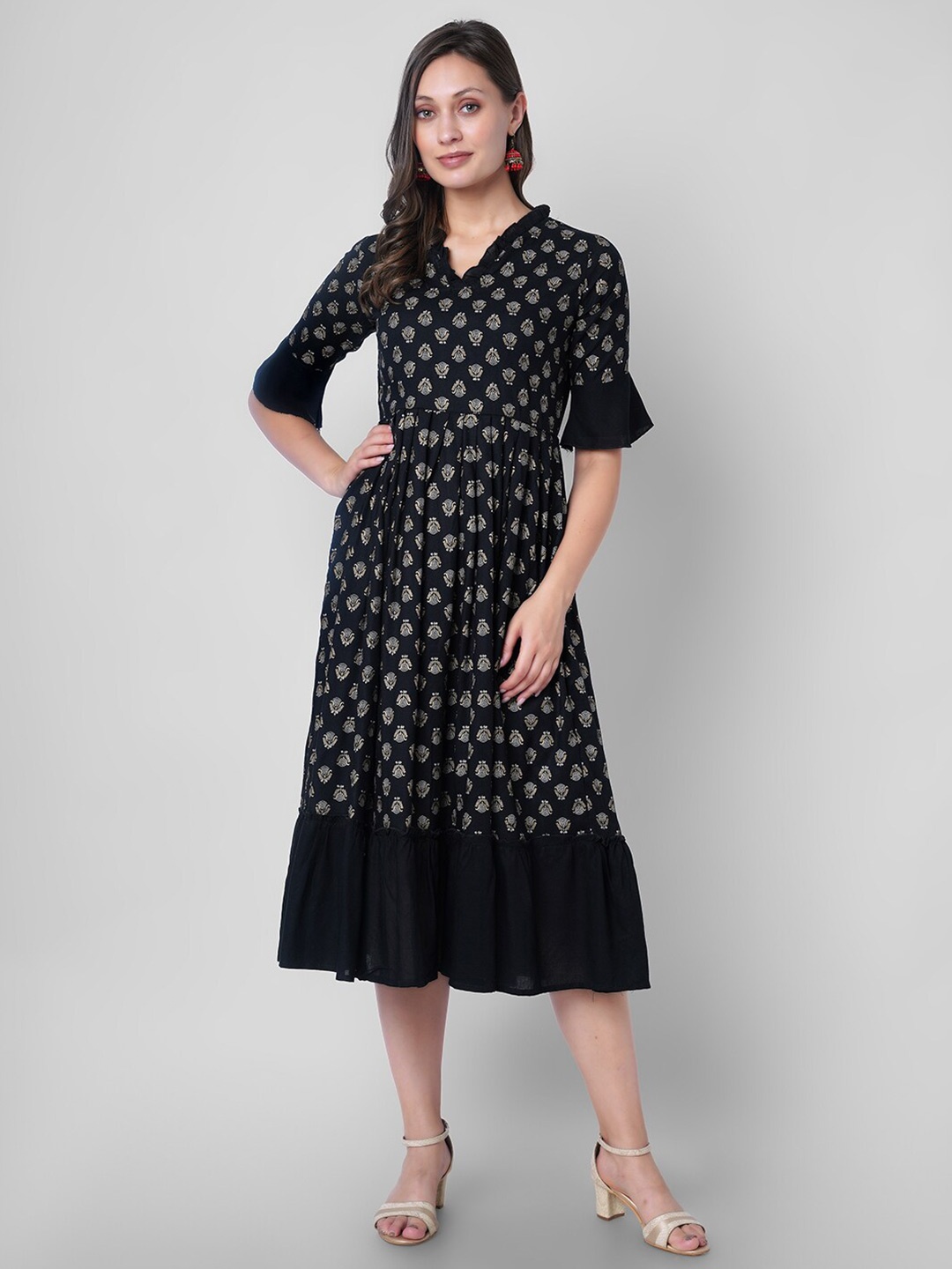 

VASANT APPAREL Ethnic Motifs Printed Fit & Flare Midi Dress, Black