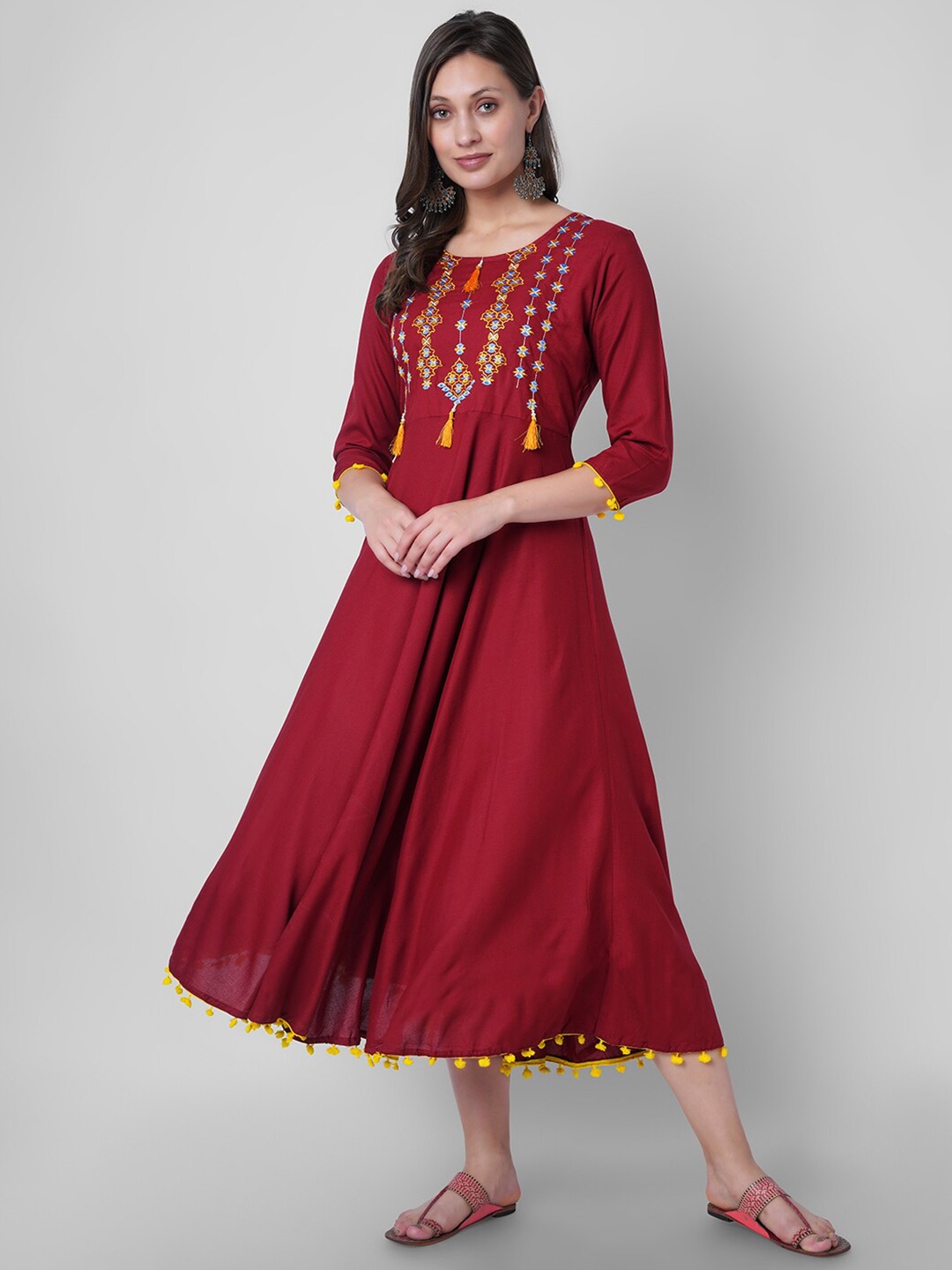 

VASANT APPAREL Ethnic Motifs Embroidered Pom Pom & Taselled Fit & Flare Ethnic Dress, Maroon