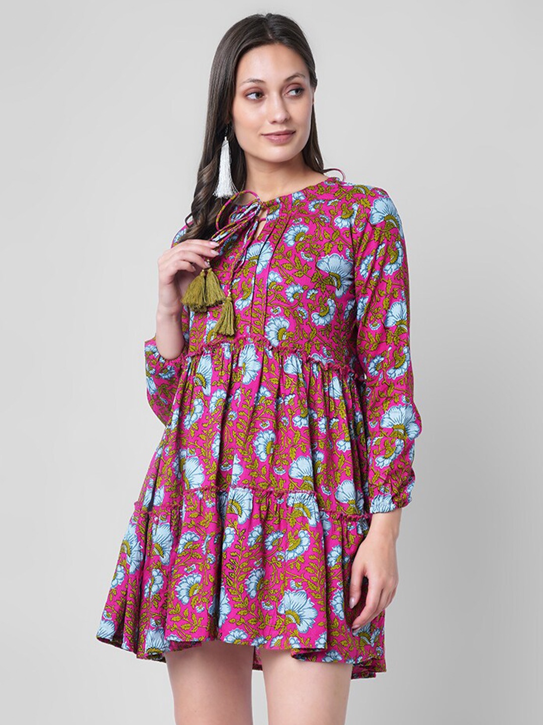 

VASANT APPAREL Floral Print Puff Sleeve Fit & Flare Mini Dress, Pink