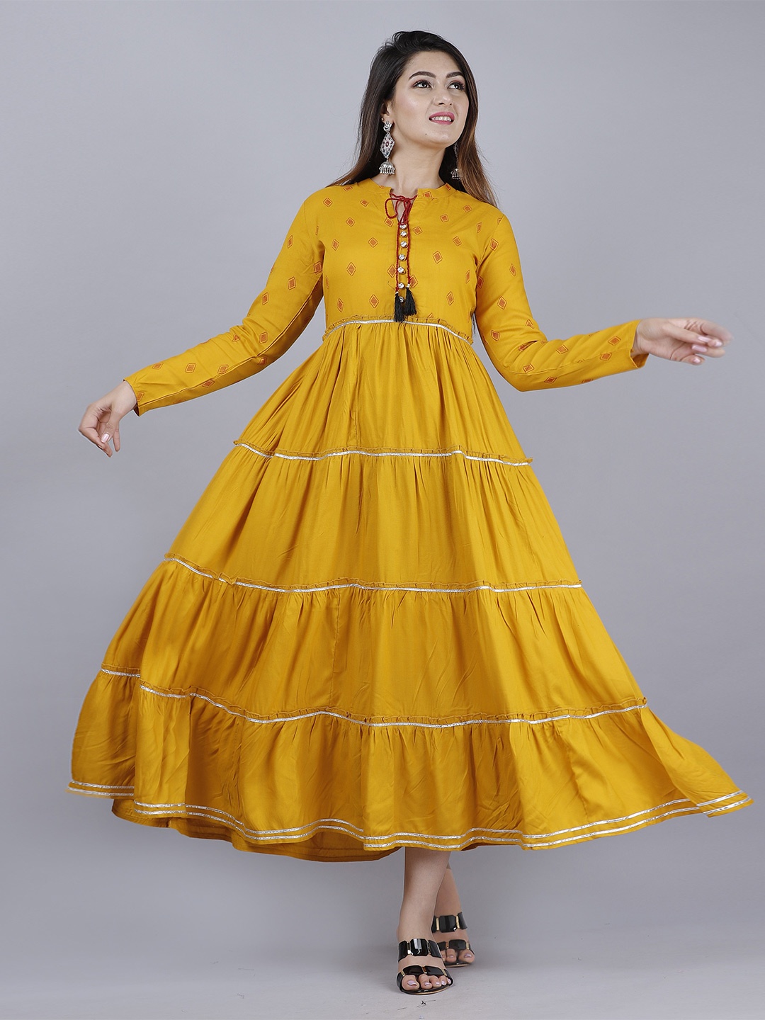 

VASANT APPAREL Geometric Printed Tie-Up Neck Long Sleeves Tiered Fit & Flare Midi Dress, Mustard