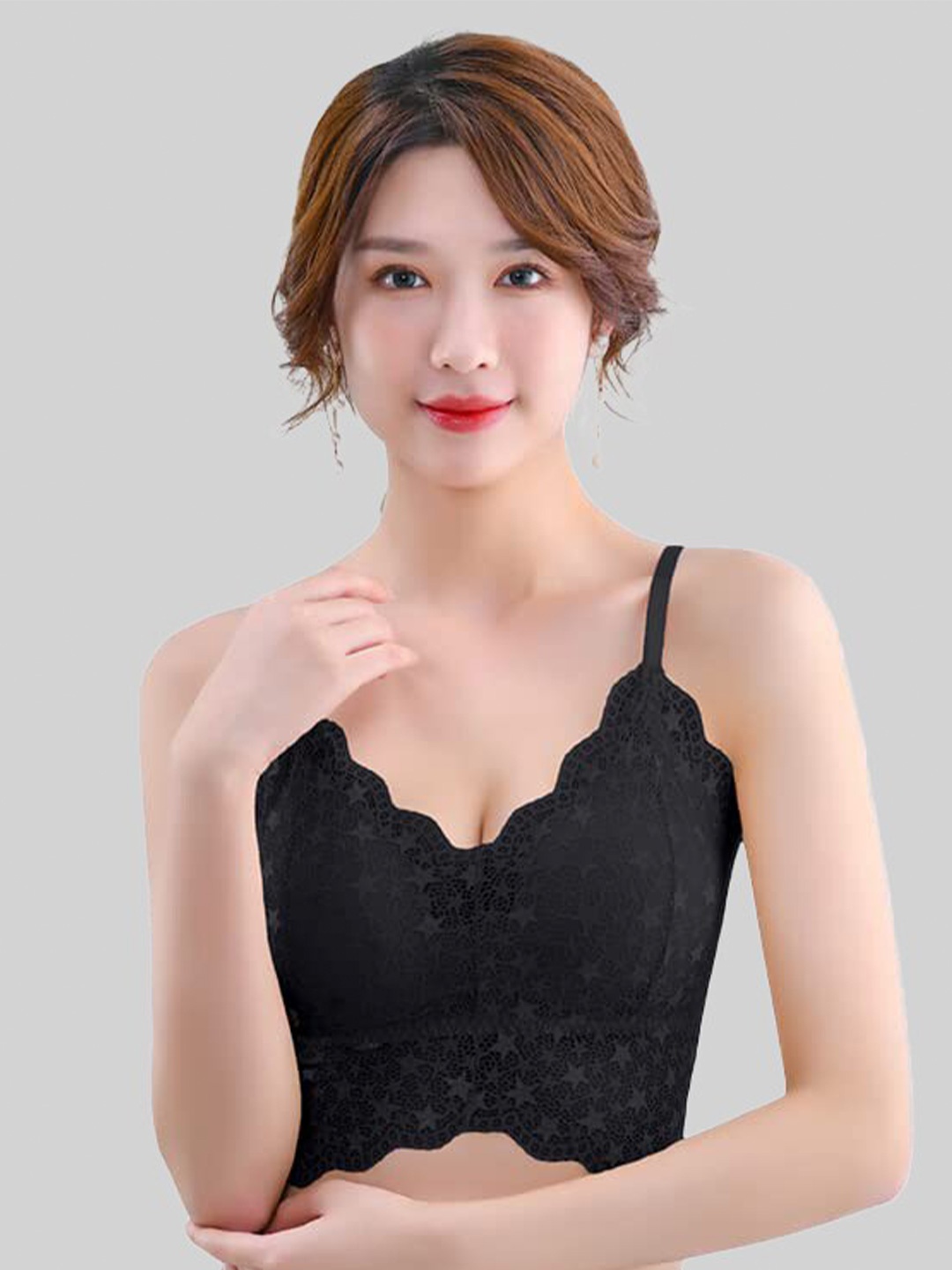 

FIMBUL Floral Lace All Day Comfort Non-Wired Lightly Padded Seamless Cotton Everyday Bra, Black